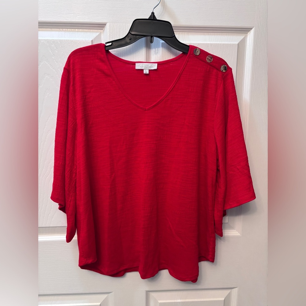New Directions Red V-Neck Blouse with Shell Button Accents